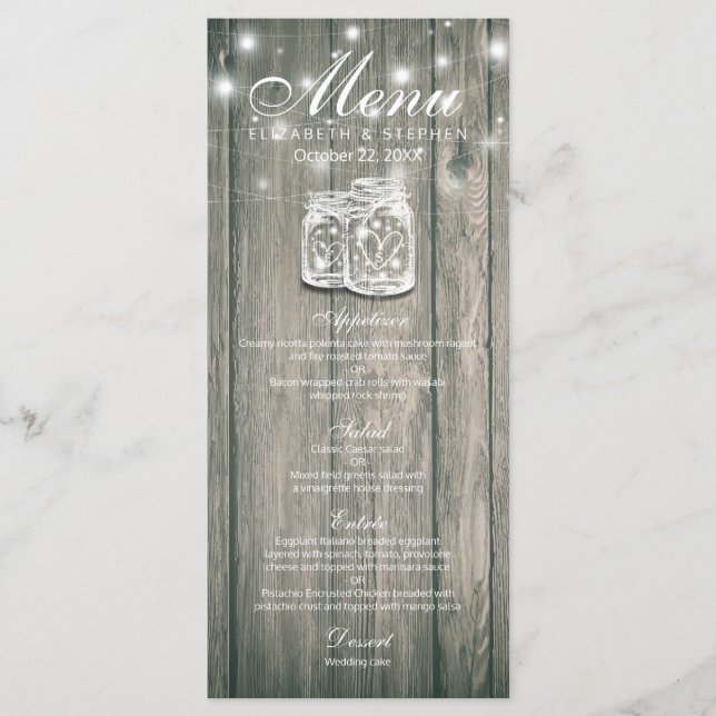 Menu mariage Bois rustique & Mason Jar String Ligh (Devant)