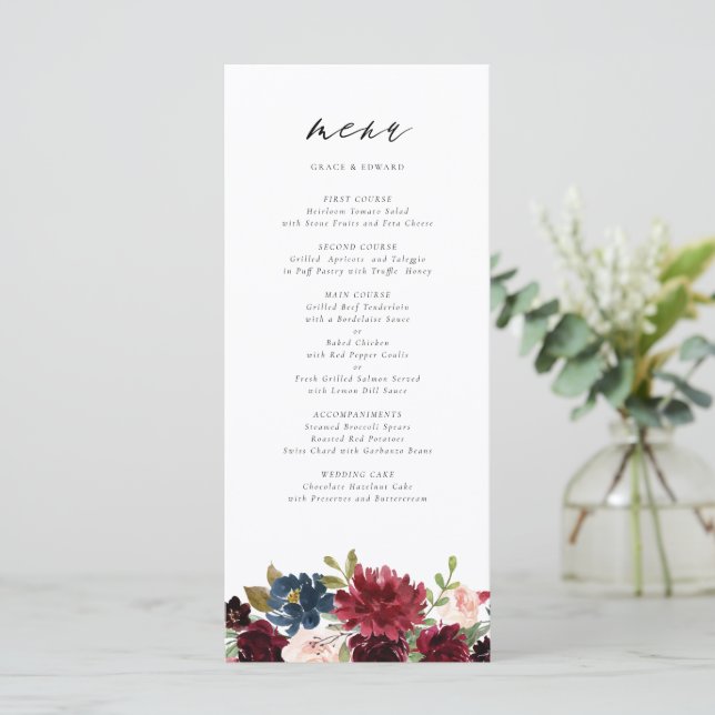 Menu Mariage botanique à l'aquarelle bordeaux et marine (Debout devant)