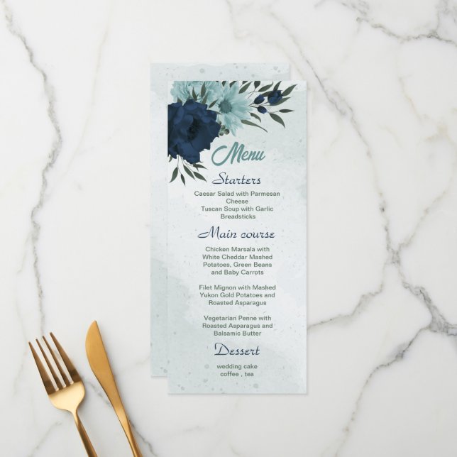 Menu Mariage botanique bleu et bleu marine (Devant/Arrière en situation)