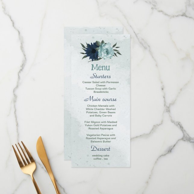 Menu Mariage botanique bleu et bleu marine (Devant/Arrière en situation)