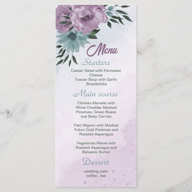 Menu mariage botanique de fleurs bleues violettes (Devant)