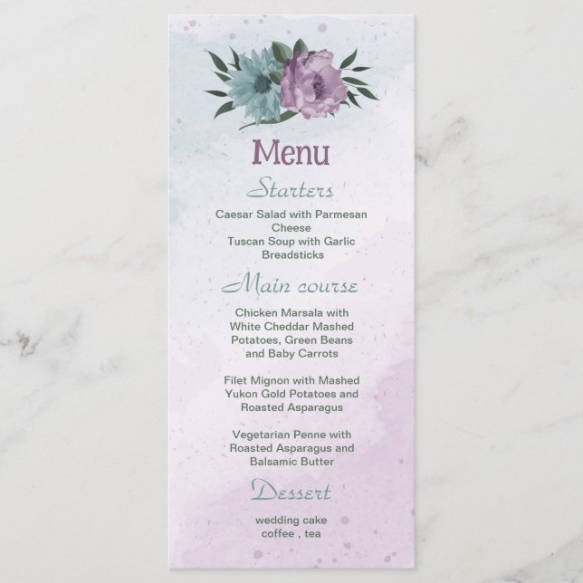 Menu mariage botanique de fleurs bleues violettes (Devant)