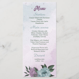 Menu mariage botanique de fleurs bleues violettes