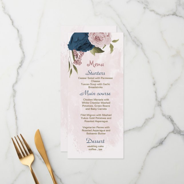 Menu Mariage botanique de fleurs rose et marine (Devant/Arrière en situation)