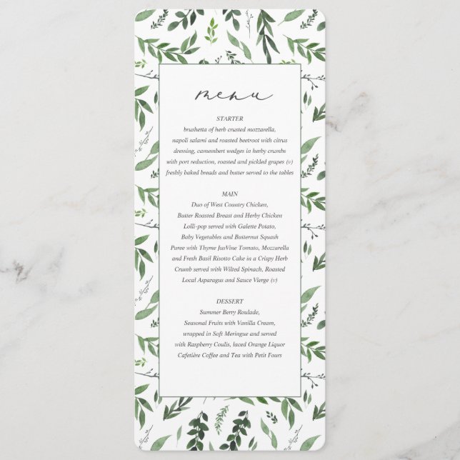 Menu mariage botanique de l'aquarelle feuillue (Devant)