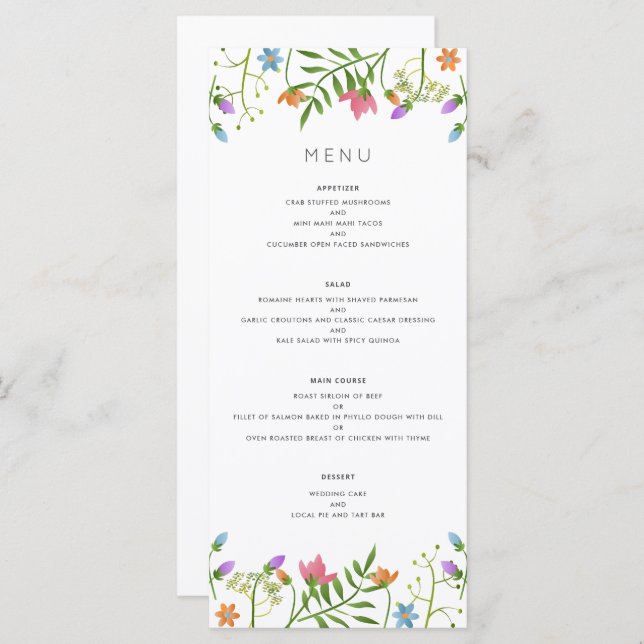 Menu Mariage botanique de pays fleur sauvage (Devant / Derrière)