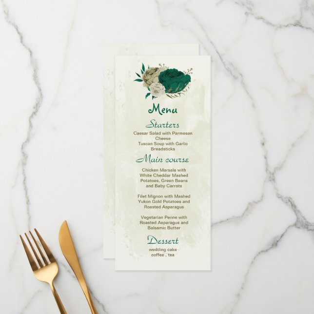 Menu mariage botanique des fleurs beiges vert émeraude (Devant/Arrière en situation)