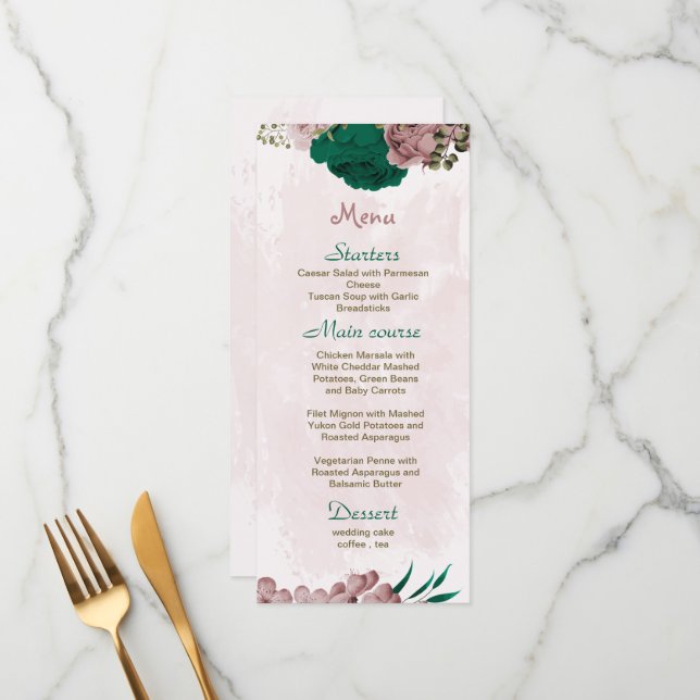 Menu mariage botanique des fleurs vert émeraude rose (Devant/Arrière en situation)
