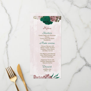 Menu mariage botanique des fleurs vert émeraude rose