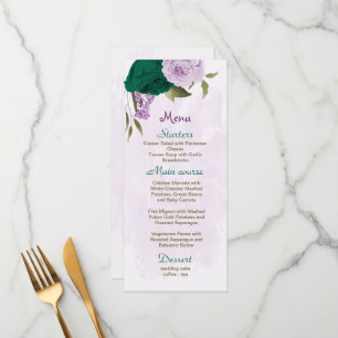 Menu mariage botanique des fleurs violettes vert émerau