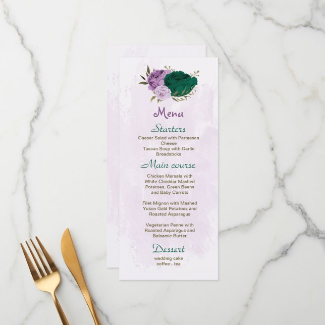 Menu mariage botanique des fleurs violettes vert émerau (Devant/Arrière en situation)
