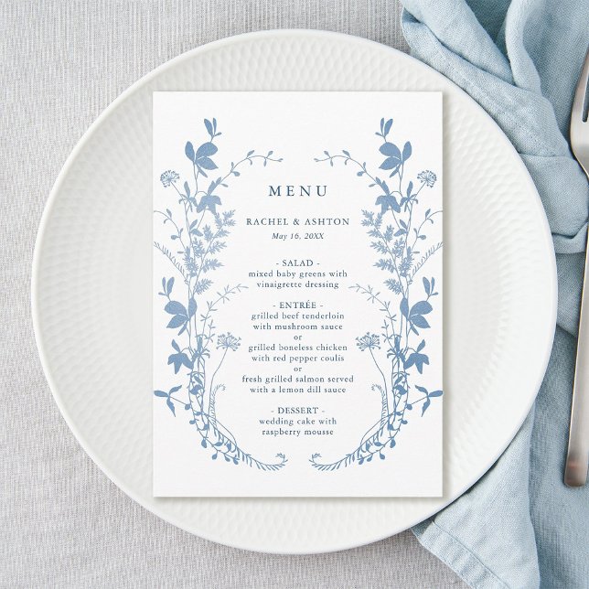 Menu Mariage botanique élégant bleu français (Créateur téléchargé)