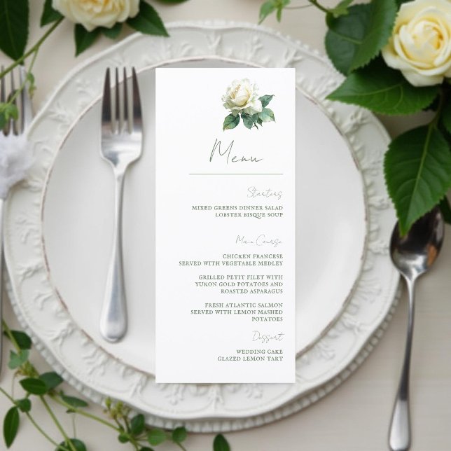 Menu Mariage Botanique Élégant Rose Blanche Aquarelle (Créateur téléchargé)