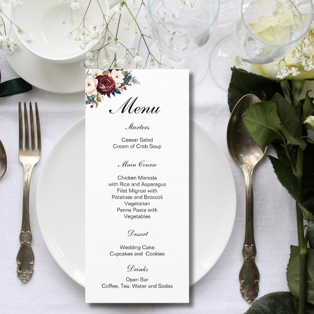 Menu Mariage botanique floral de crème de la marine de  (Burgundy Navy Blue Cream Floral Botanical Watercolor Wedding Menu)