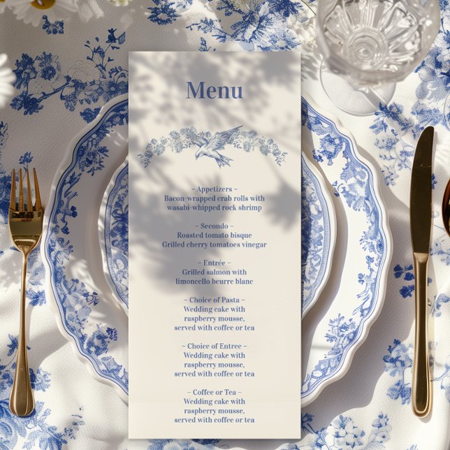 Menu Mariage botanique floral de style chinoiserie bleu (Créateur téléchargé)