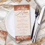 Menu Mariage botanique Foliage Duet Terracotta Cream<br><div class="desc">Menu mariage Botanique dans un duo de terre cuite et crème, pour compléter votre thème de couleur mariage. Une aquarelle décorée de feuilles et de feuillage dans les tons de rouille cannelle crème amande jaune et or. Le modèle est configuré pour vous permettre de personnaliser avec votre menu ou vos...</div>