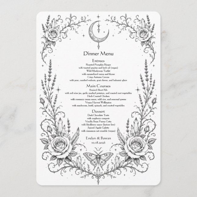Menu Mariage Botanique Gothique Noir et Blanc Dîner (Devant)