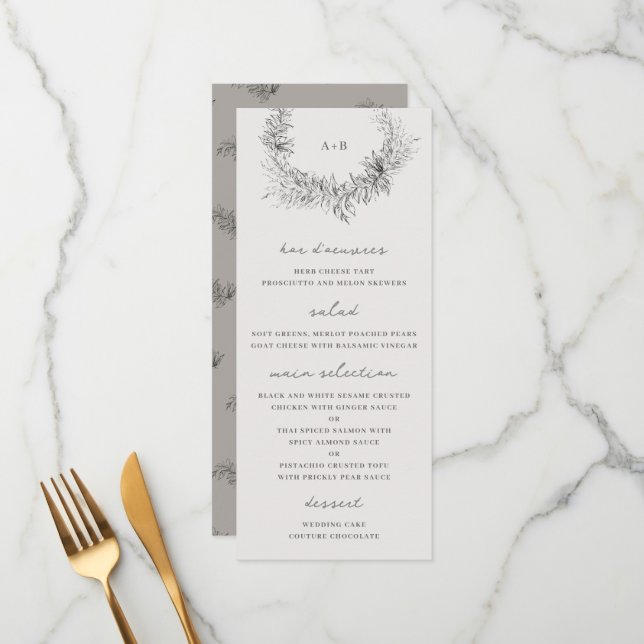 Menu Mariage Botanique Minimaliste d'Art Fin (Devant/Arrière en situation)
