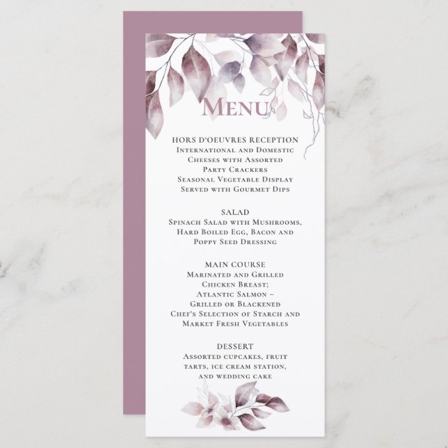 Menu Mariage botanique rose Mauve (Devant / Derrière)