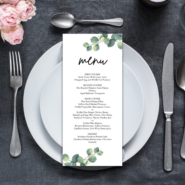Menu Mariage Botanique Rustique au Eucalyptus Verdoyant (Rustic eucalyptus greenery menu adds natural elegance and guides guests through your wedding meal.)