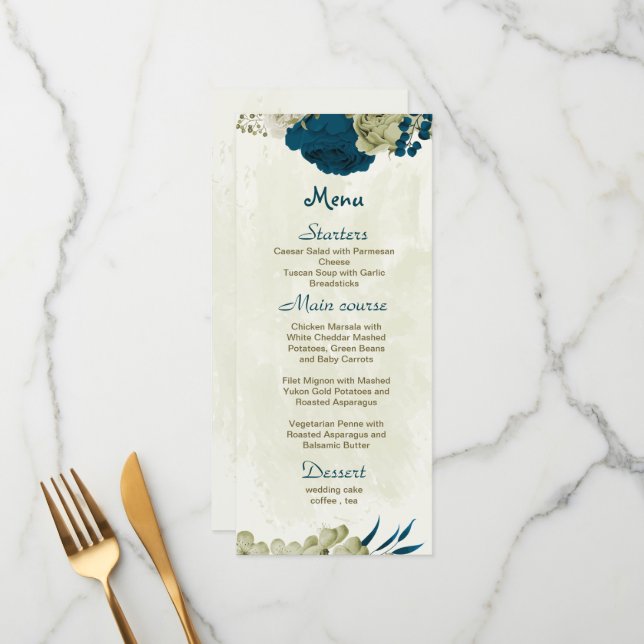 Menu mariage botanique turquoise bleu et beige (Devant/Arrière en situation)