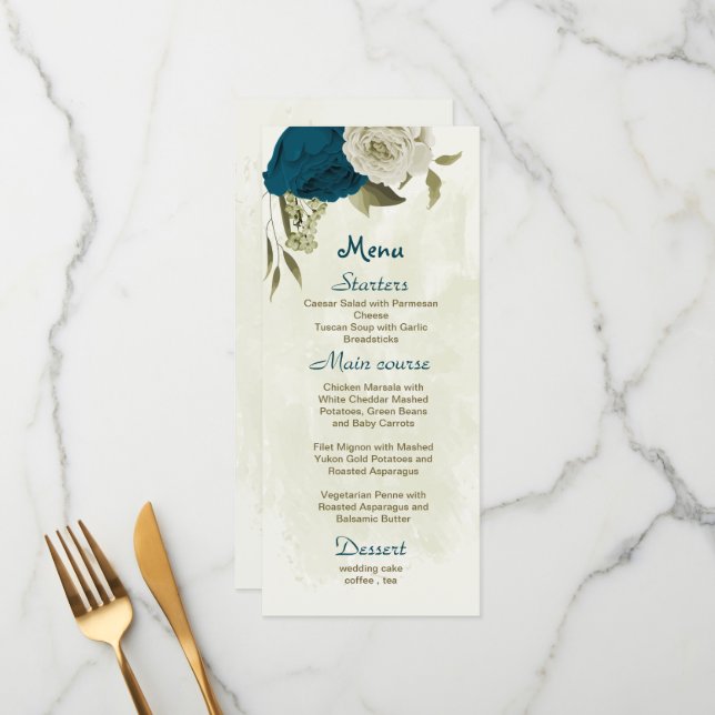 Menu mariage botanique turquoise bleu et beige (Devant/Arrière en situation)