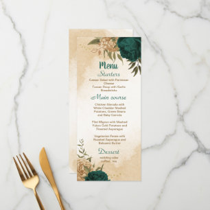 Menu Mariage botanique vert émeraude beige or