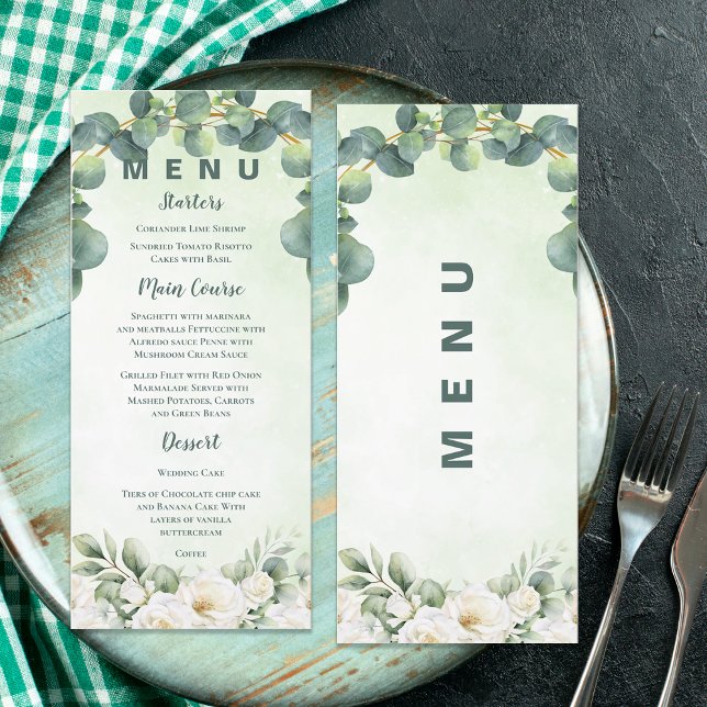 Menu Mariage botanique vert eucalyptus décoration de dî (Eucalyptus Green Botanical Wedding Greenery Dinner Menu)