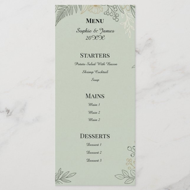 Menu Mariage Botanique Vert Sauge (Devant)