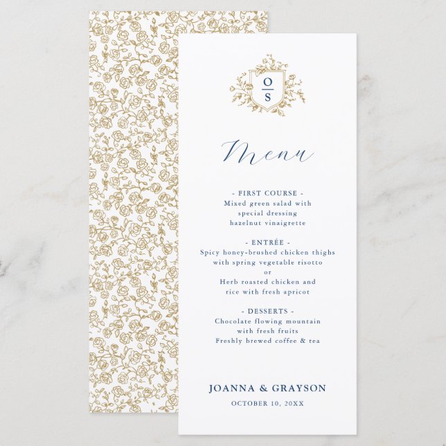 Menu Mariage botanique vintage bleu et or (Devant / Derrière)