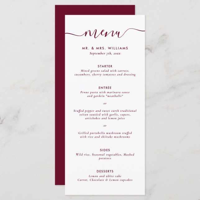 Menu Mariage Bourgogne moderne (Devant / Derrière)
