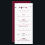 Menu Mariage Bourgogne moderne<br><div class="desc">Élégant menu de mariage bordeaux personnalisé avec une police de script moderne. Personnalisez facilement en ligne. Des articles assortis sont disponibles pour compléter ce menu minimaliste mariage bordeaux.</div>