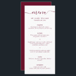 Menu Mariage Bourgogne moderne<br><div class="desc">Élégant menu de mariage bordeaux personnalisé avec une police de script moderne. Personnalisez facilement en ligne. Des articles assortis sont disponibles pour compléter ce menu minimaliste mariage bordeaux.</div>