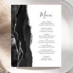 Menu Mariage Budget Black Silver Agate<br><div class="desc">Le bord gauche de cet élégant menu mariage moderne comporte une bordure en aquarelle noire ornée d'une parties scintillant en faux argent. Le texte personnalisable combine un script d'écriture manuscrite gris charbon et des polices de cuivre sur un arrière - plan blanc. L'envers présente un design d'agate noir et argent...</div>