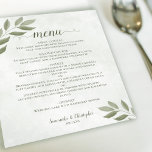 Menu Mariage Budget Feuille Sage Green<br><div class="desc">Ces menus mariage rustiques sont simples,  élégants et élégants,  tout en restant abordables et abordables. Ils présentent un design magnifique avec des feuilles d'aquarelle vert sauge peints à la main et une calligraphie de script sur un arrière - plan blanc marbré. Idéal pour une réception rustique ou extérieure.</div>