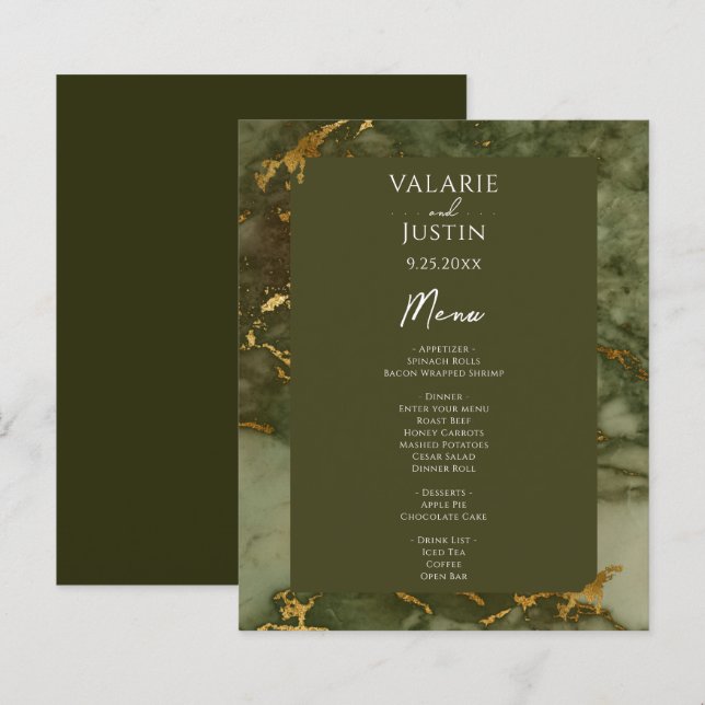 Menu Mariage budget marbre vert et or (Devant / Derrière)