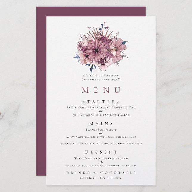Menu Mariage Budget Purple Berry Pink Florals (Devant / Derrière)