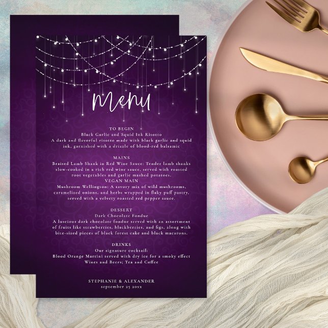 Menu Mariage Budget Royal Purple String Lights (Front and back of menu)