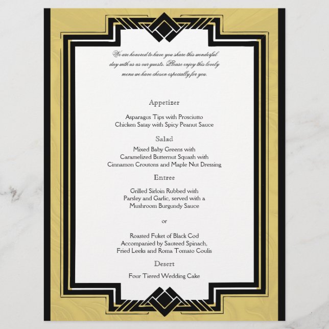 Menu Mariage Cadre Art Déco Black White Gold (Devant)