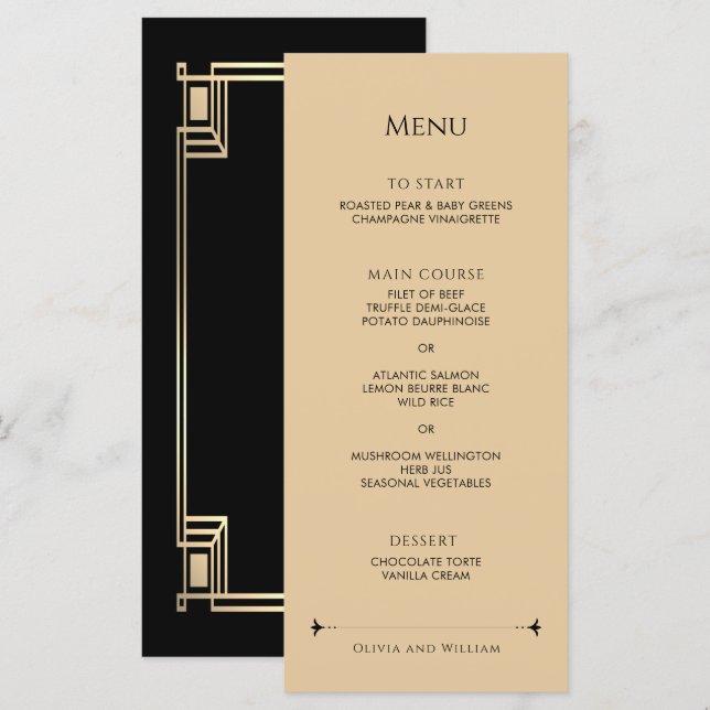 Menu Mariage Cadre Doré Élégant Art Déco (Devant / Derrière)