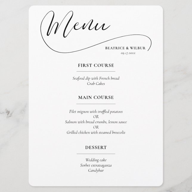 Menu Mariage calligraphié élégant et romantique (Devant)