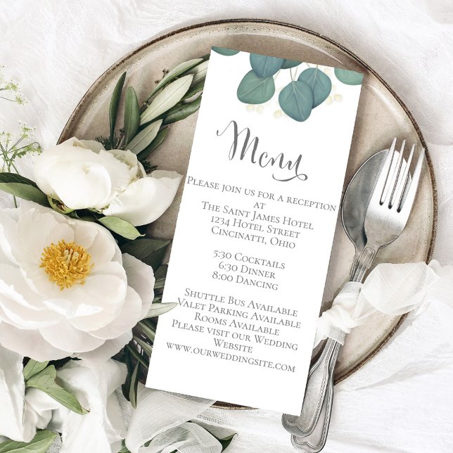 Menu mariage Calligraphie Eucalyptus Vert (Wedding menu card with calligraphy script and elegant foliage.)