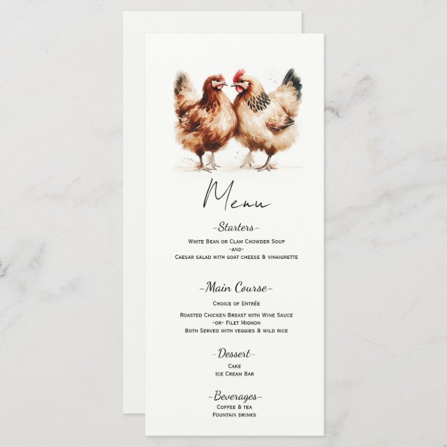 Menu Mariage campagnard d'aquarelle de poulet Brown Men (Devant / Derrière)