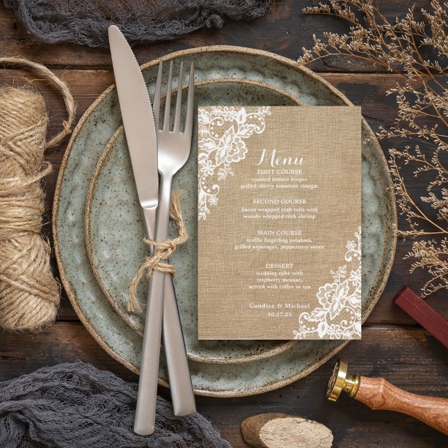 Menu Mariage campagnard Rustique Burlap Et Dentelle (Créateur téléchargé)