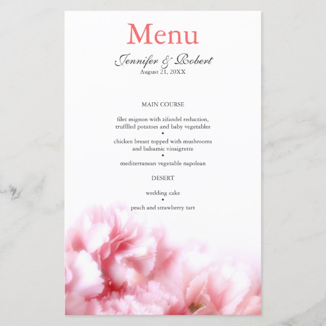 Menu Mariage Carnation rose (Devant)