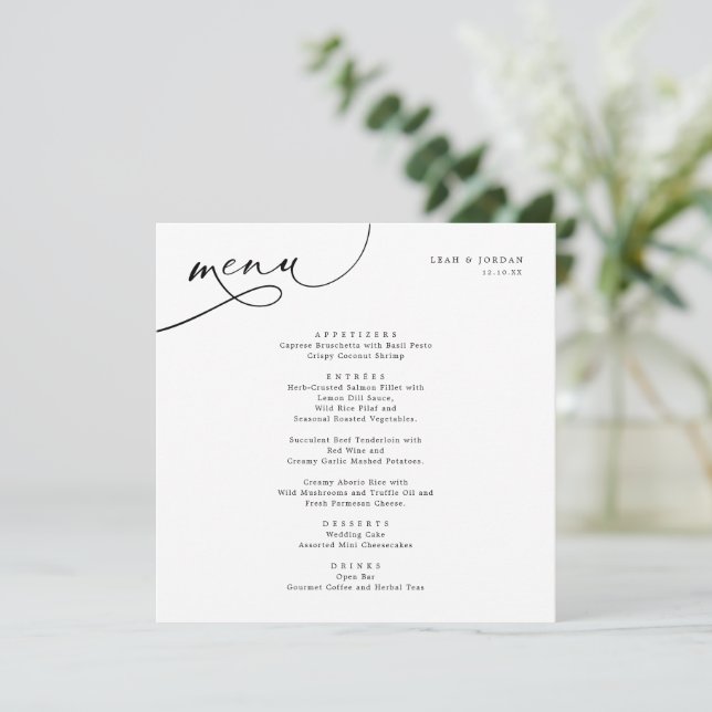 Menu Mariage Carré de typographie élégant (Debout devant)