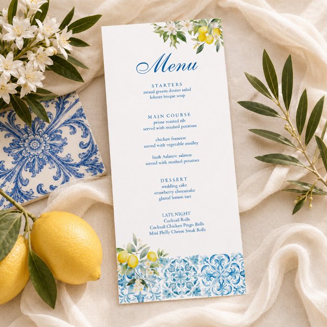 Menu Mariage Carreau Bleu Citron Méditerranéen (Mediterranean Lemon Blue Tile Wedding Menu)
