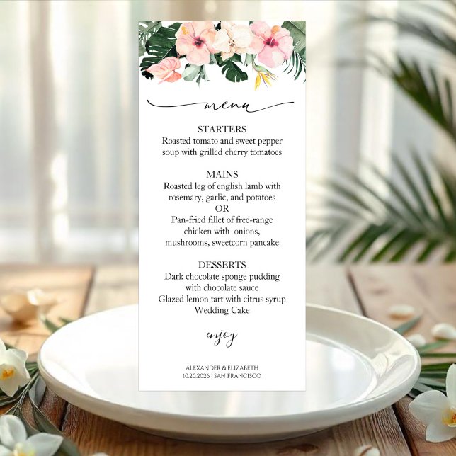 Menu mariage Carte Palm Feuille Hibiscus Tropical (Créateur téléchargé)