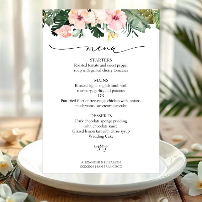 Menu mariage Carte Palm Feuille Hibiscus Tropical (Créateur téléchargé)
