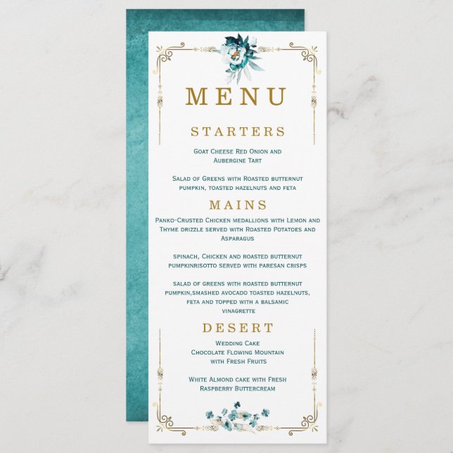 Menu mariage Cartes Turquoises et Gold (Devant / Derrière)
